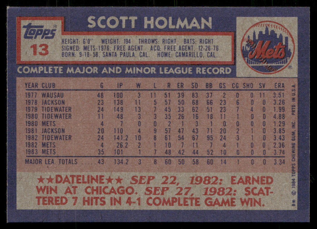 Scott Holman 1984 Topps #13 New York Mets