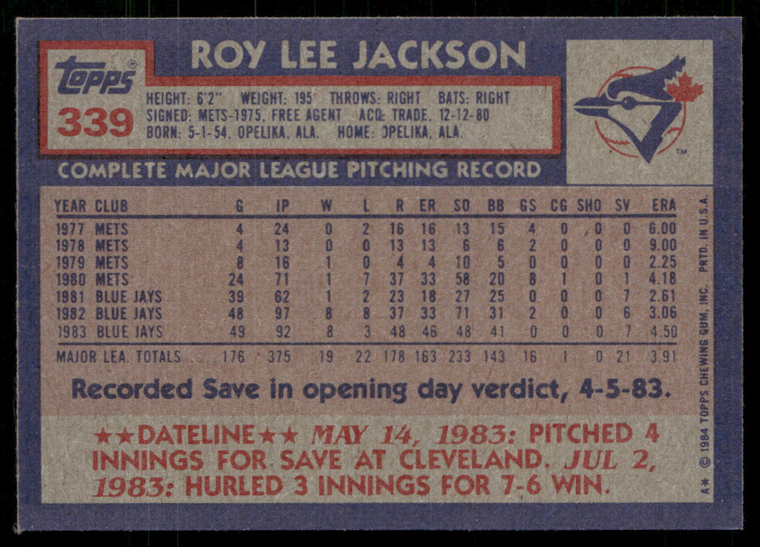 Roy Lee Jackson 1984 Topps #339 Toronto Blue Jays