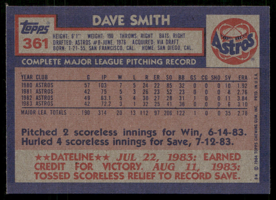 Dave Smith 1984 Topps #361 Houston Astros