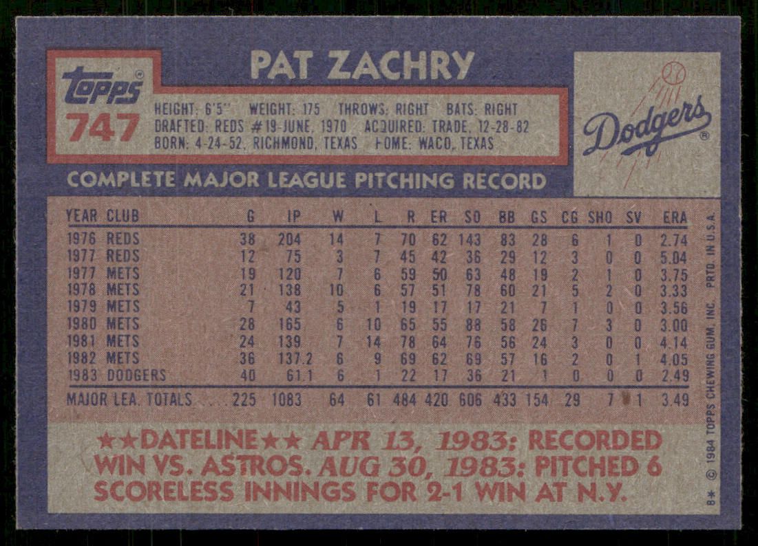 Pat Zachry 1984 Topps #747 Los Angeles Dodgers