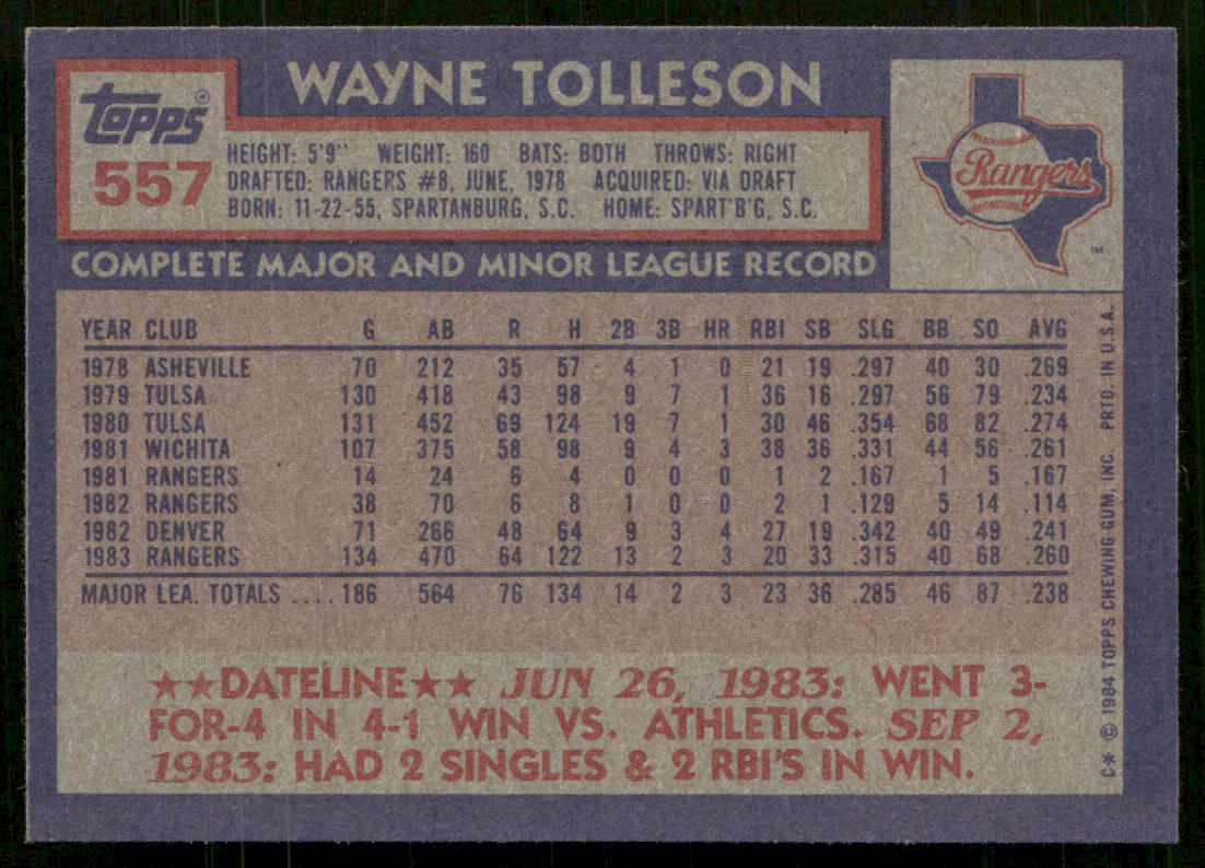 Wayne Tolleson 1984 Topps #557 Texas Rangers