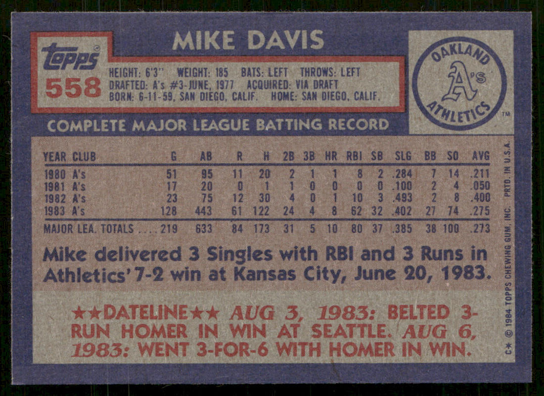 Mike Davis 1984 Topps #558 Oakland Athletics