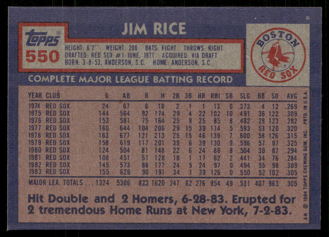 Jim Rice 1984 Topps #550 Boston Red Sox