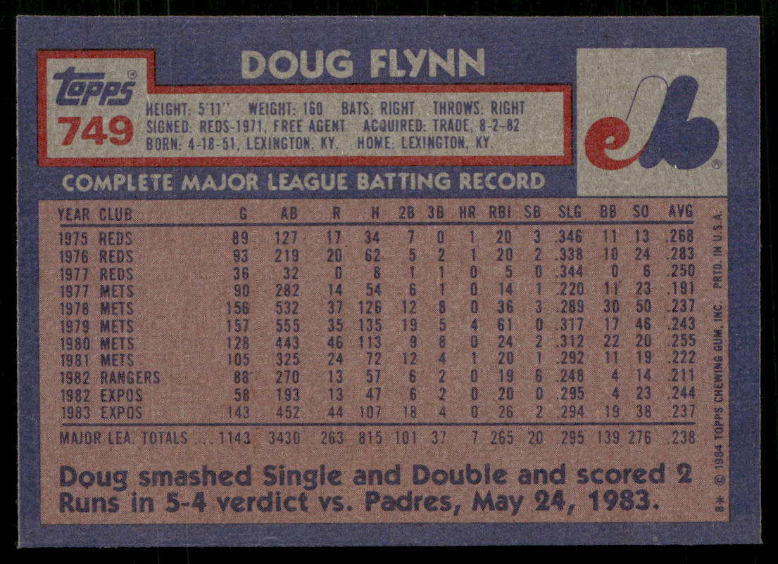 Doug Flynn 1984 Topps #749 Montreal Expos