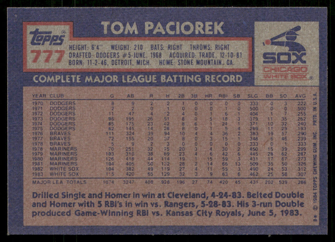 Tom Paciorek 1984 Topps #777 Chicago White Sox
