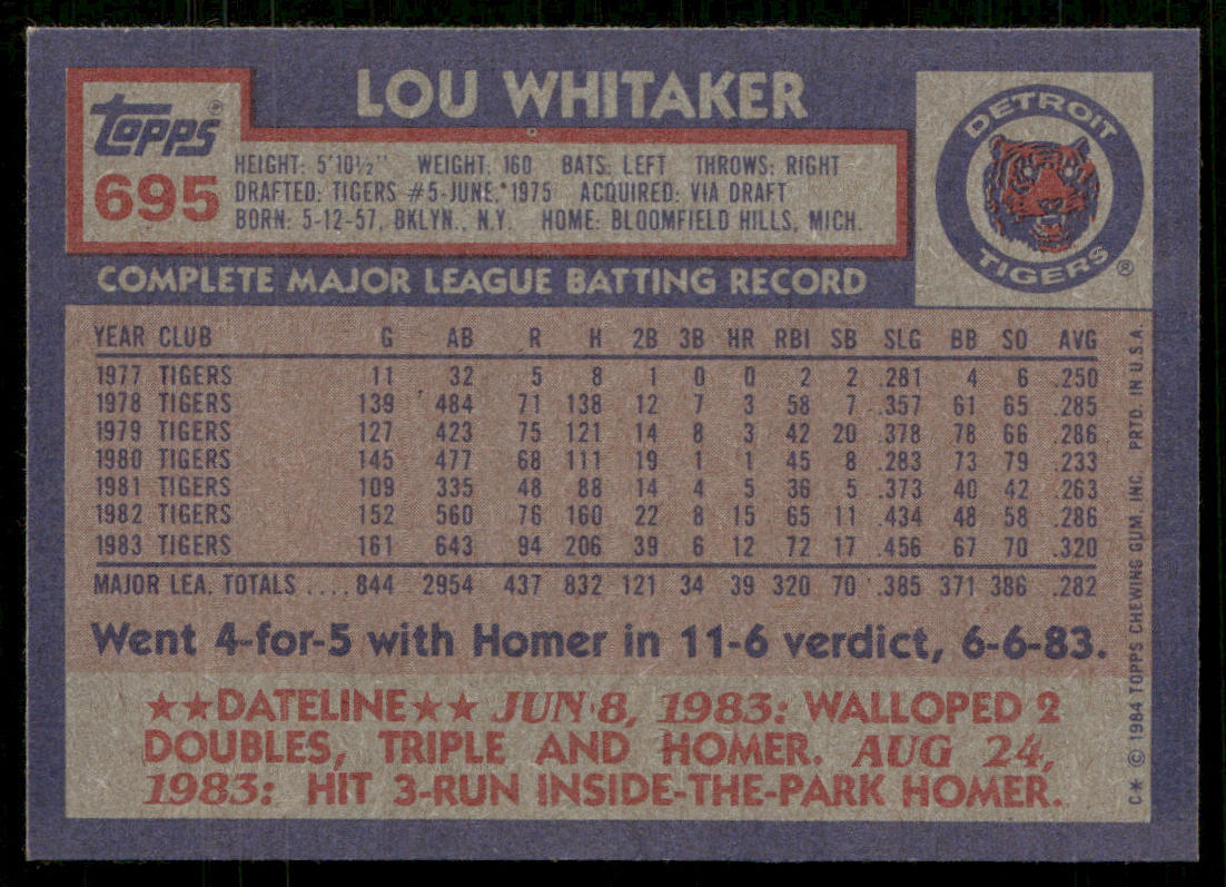 Lou Whitaker 1984 Topps #695 Detroit Tigers