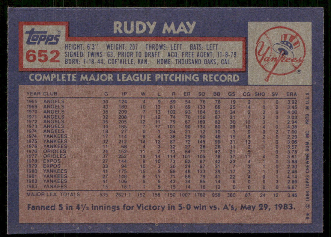 Rudy May 1984 Topps #652 New York Yankees