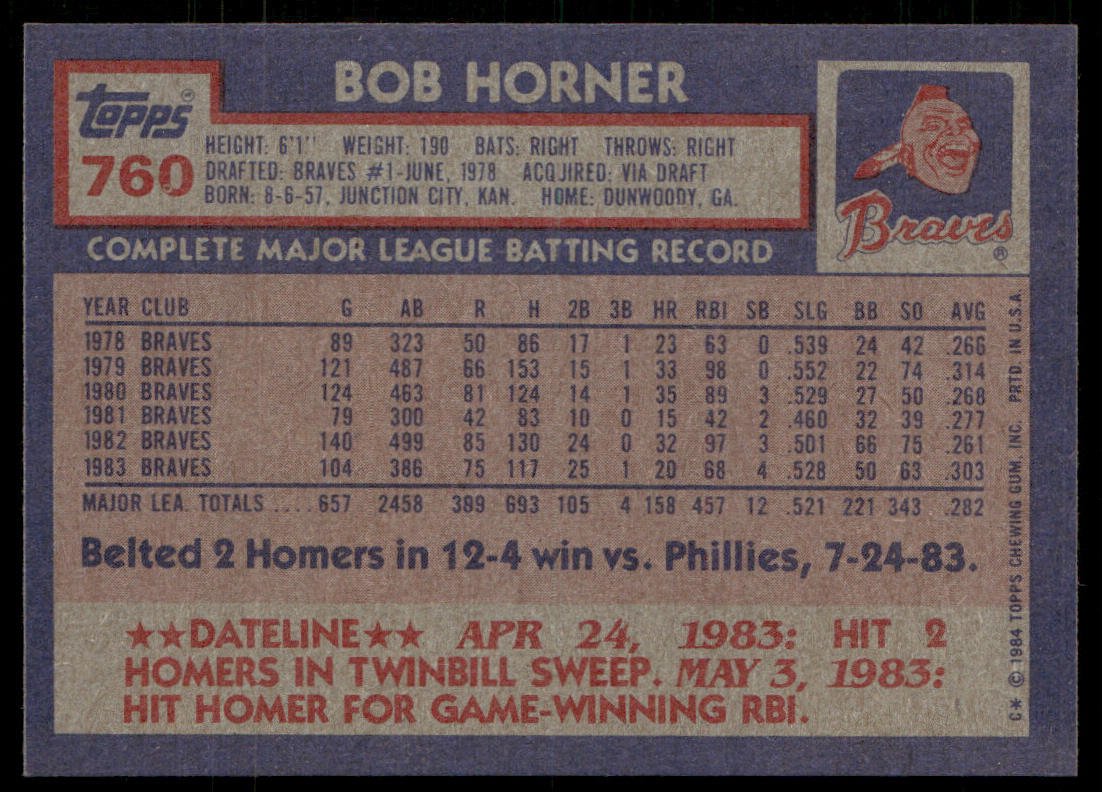 Bob Horner 1984 Topps #760 Atlanta Braves