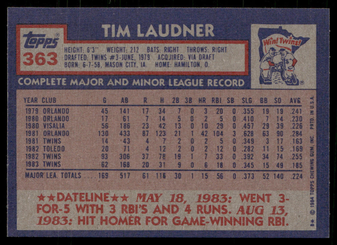 Tim Laudner 1984 Topps #363 Minnesota Twins