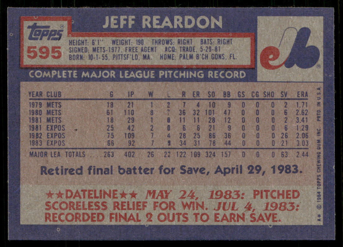 Jeff Reardon 1984 Topps #595 Montreal Expos