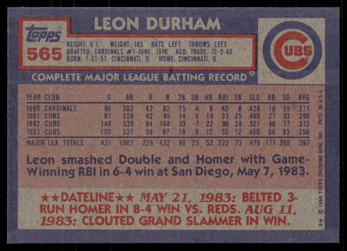 Leon Durham 1984 Topps #565 Chicago Cubs