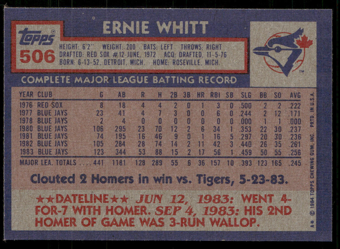 Ernie Whitt 1984 Topps #506 Toronto Blue Jays