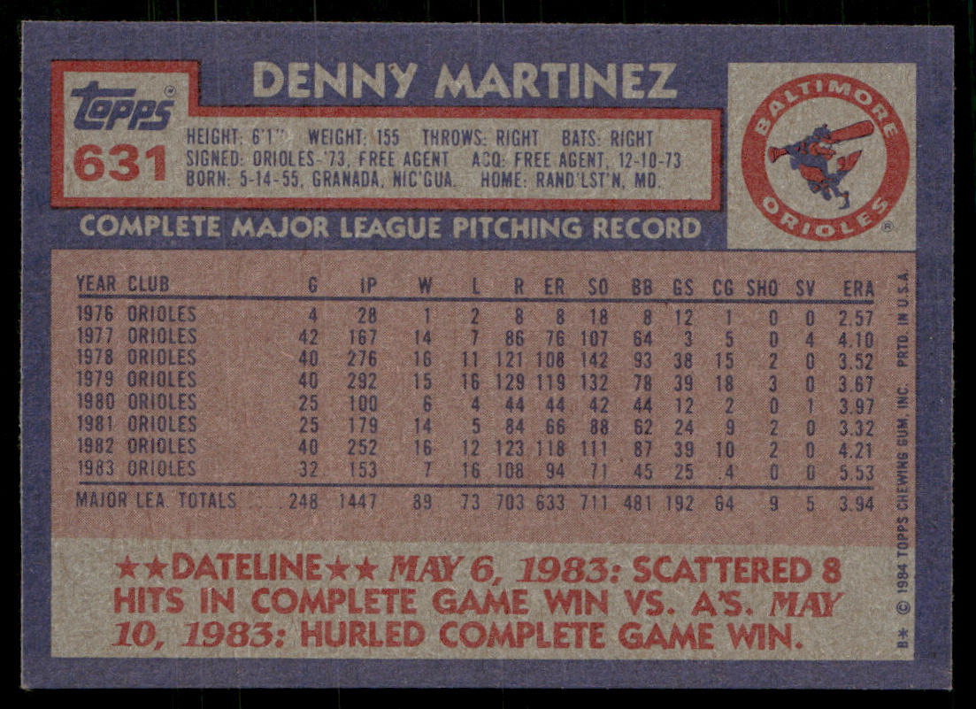 Denny Martinez 1984 Topps #631 Baltimore Orioles