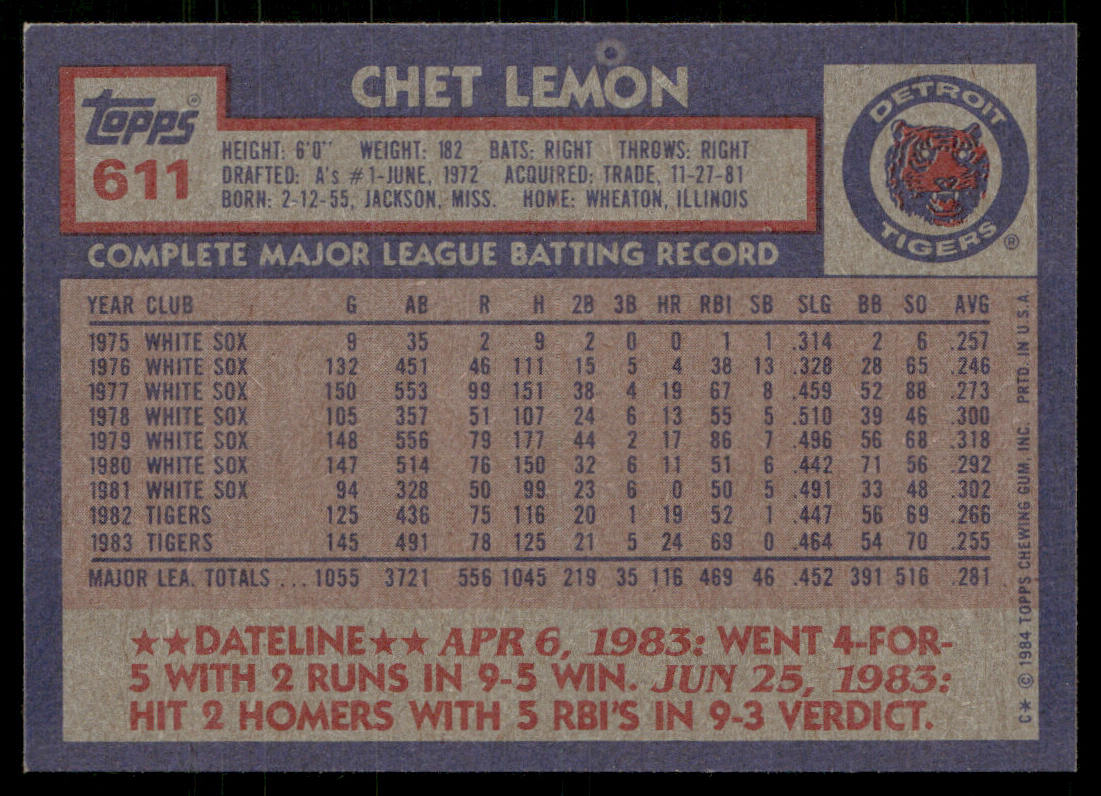 Chet Lemon 1984 Topps #611 Detroit Tigers
