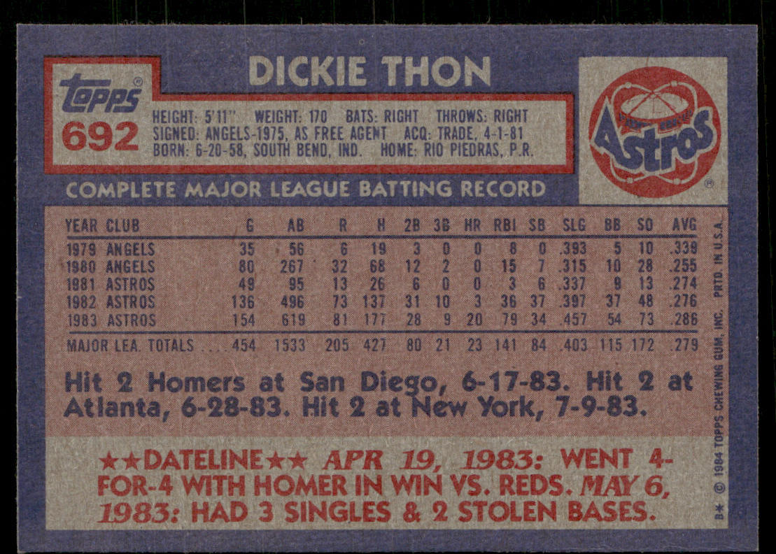 Dickie Thon 1984 Topps #692 Houston Astros