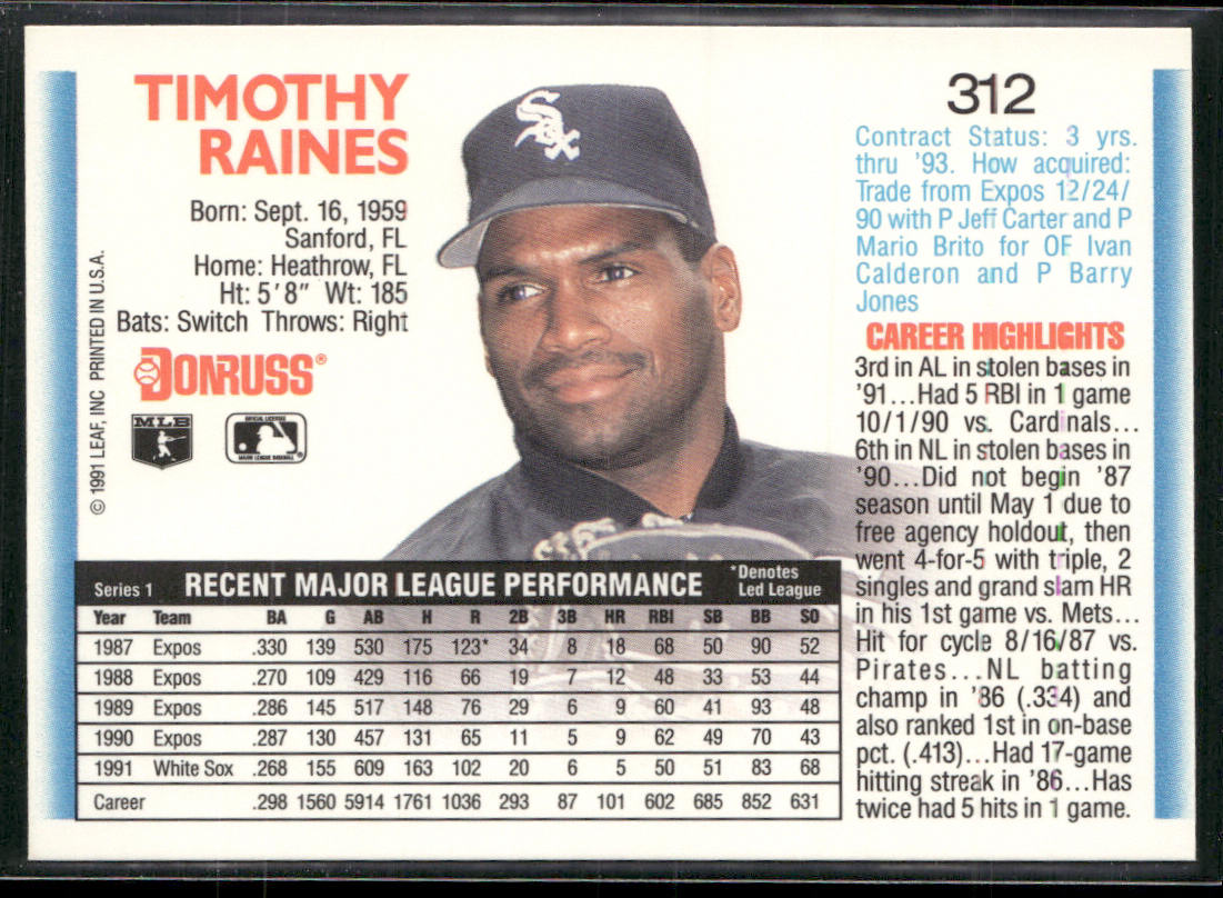 Tim Raines 1992 Donruss #312 Chicago White Sox back