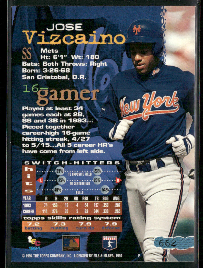 Jose Vizcaino 1994 Stadium Club #662 New York Mets