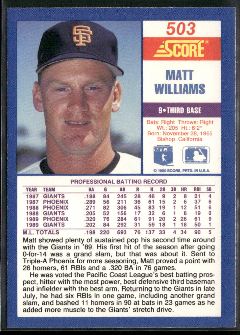 Matt Williams 1990 Score #503 San Francisco Giants