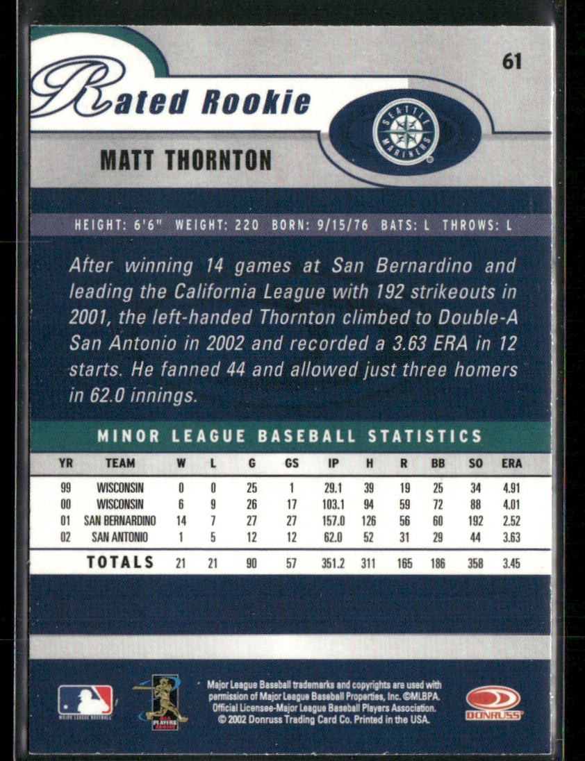 Matt Thornton 2003 Donruss #61 Seattle Mariners