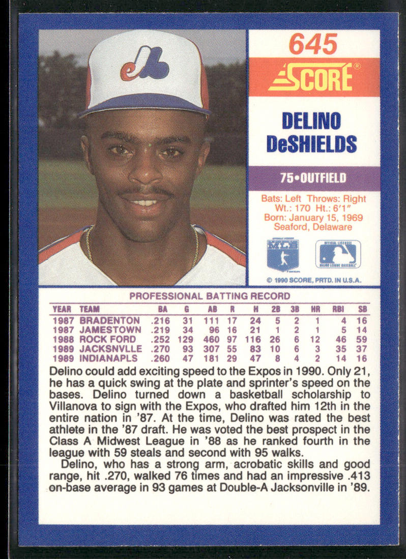 Delino DeShields 1990 Score #645 RC Montreal Expos
