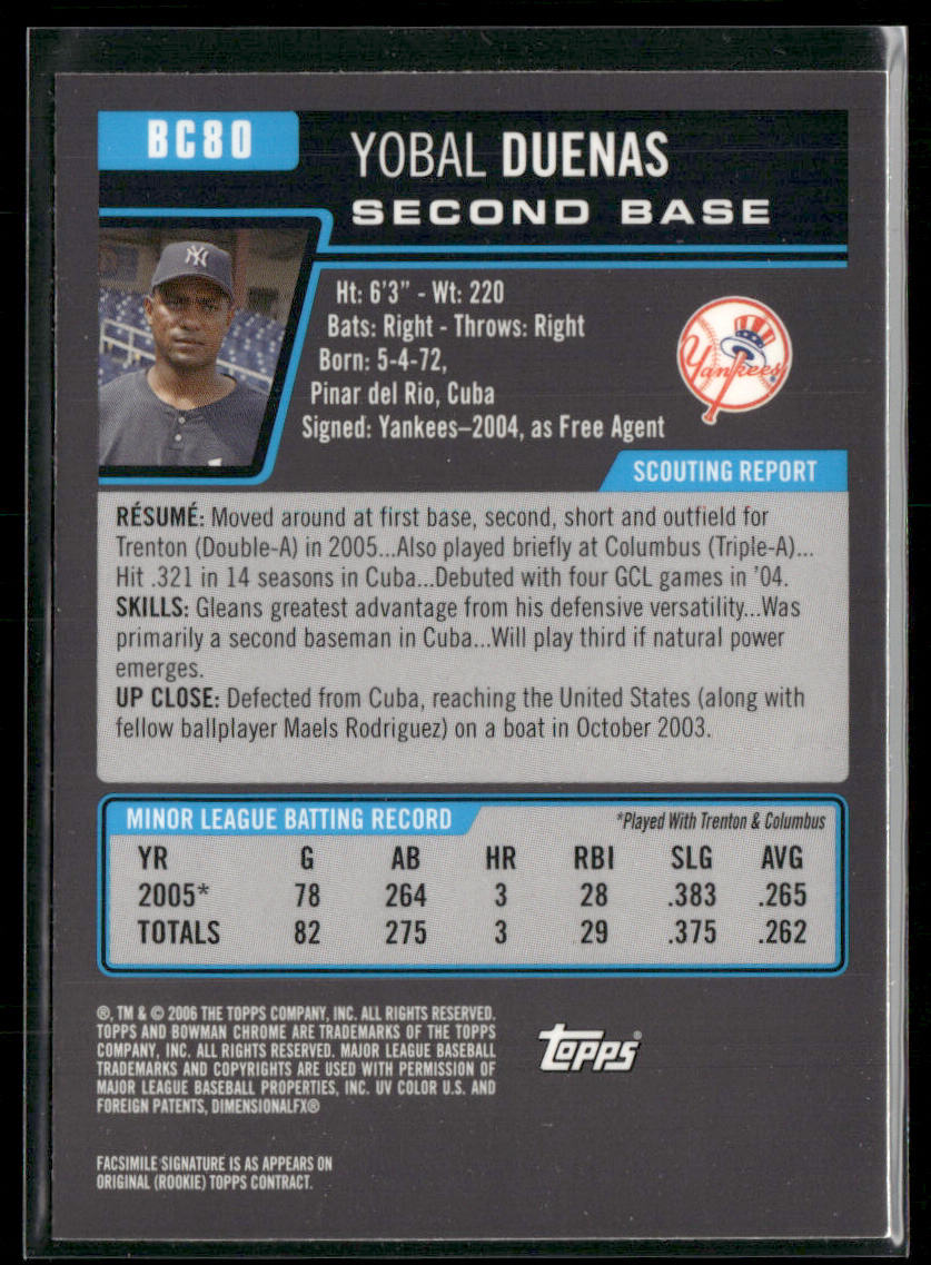 Yobal Duenas 2006 Bowman Chrome Prospects #BC80 New York Yankees
