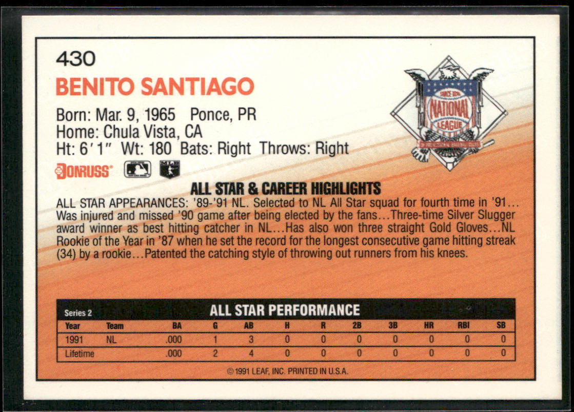 Benito Santiago 1992 Donruss #430 San Diego Padres