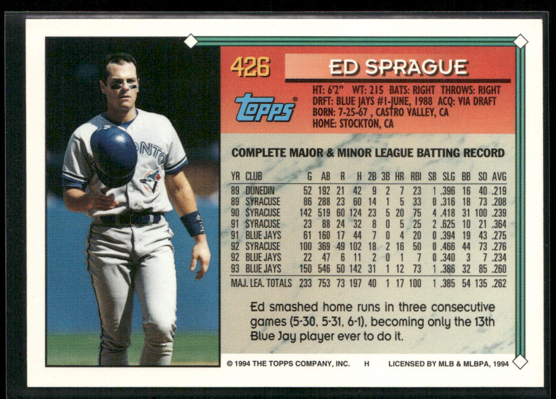 Ed Sprague 1994 Topps #426 Toronto Blue Jays