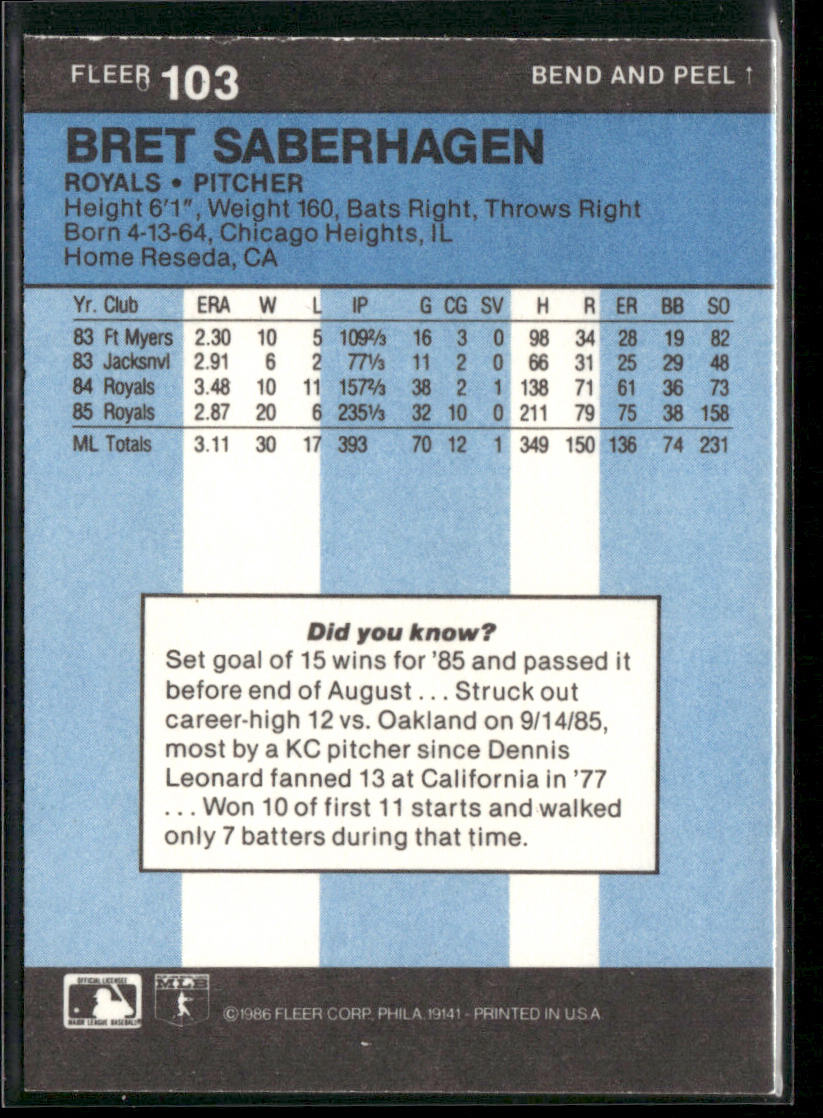 Bret Saberhagen 1986 Fleer Star Stickers #103 Kansas City Royals