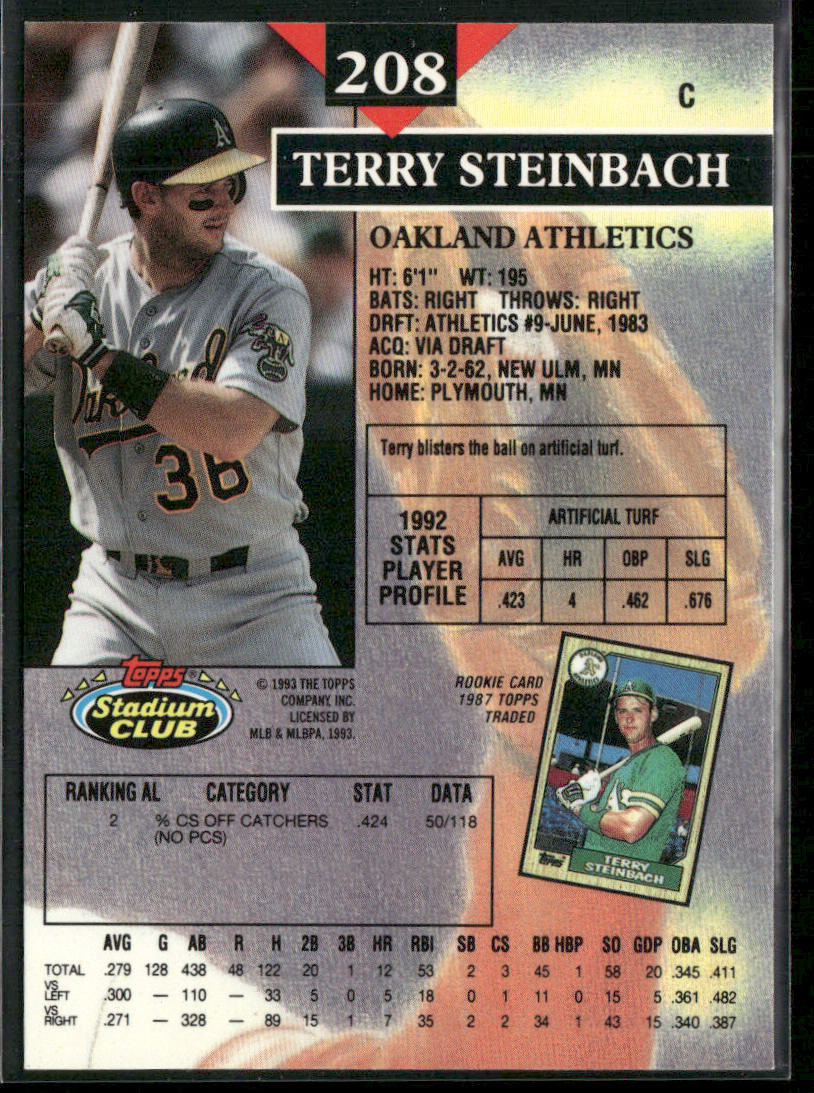Terry Steinbach 1993 Stadium Club #208 Oakland Athletics
