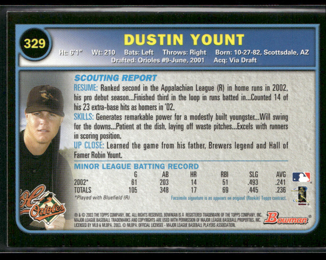 Dustin Yount 2003 Bowman Gold #329 RC Baltimore Orioles