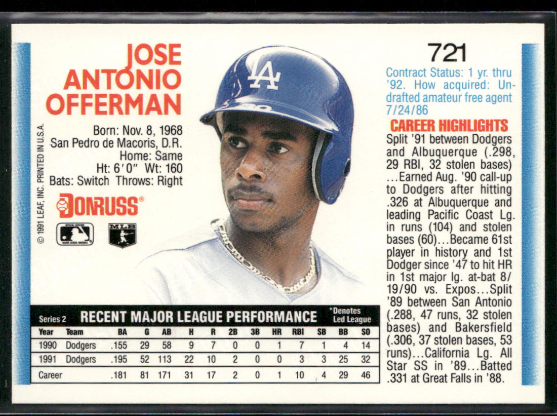 Jose Offerman 1992 Donruss #721 Los Angeles Dodgers