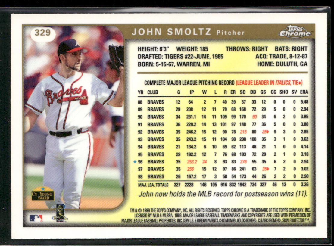 John Smoltz 1999 Topps Chrome #329 Atlanta Braves