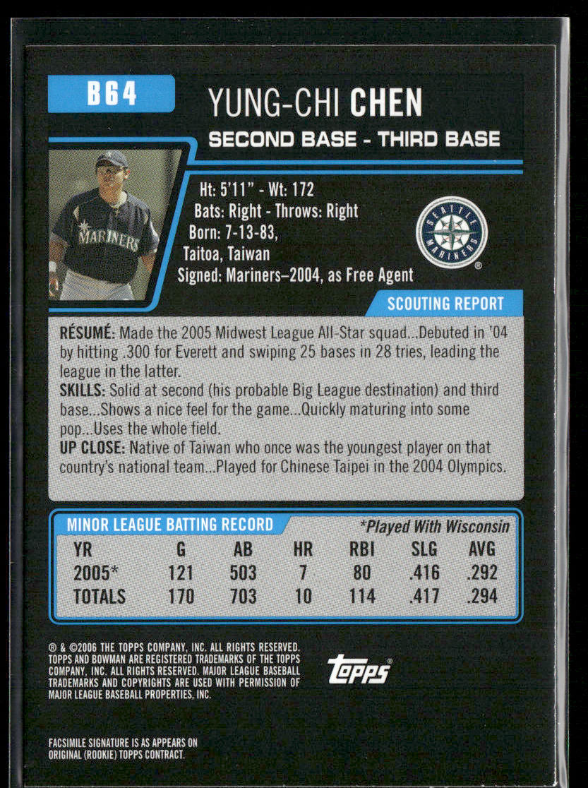 Yung-Chi Chen 2006 Bowman Prospects #B64 Seattle Mariners back