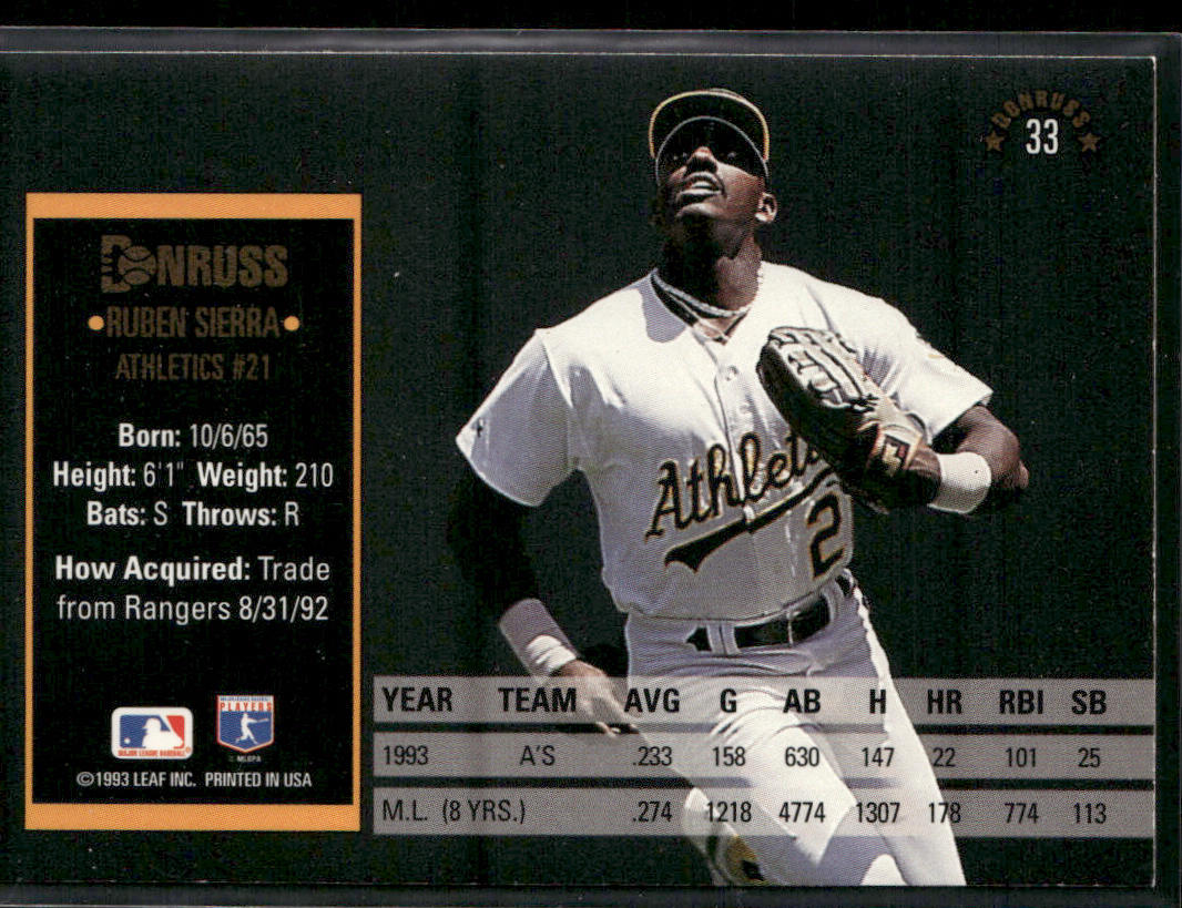 Ruben Sierra 1994 Donruss #33 Oakland Athletics