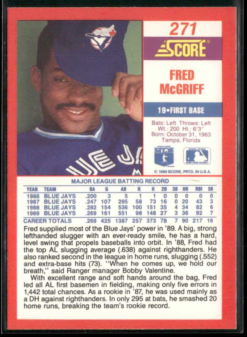 Fred McGriff 1990 Score #271 Toronto Blue Jays