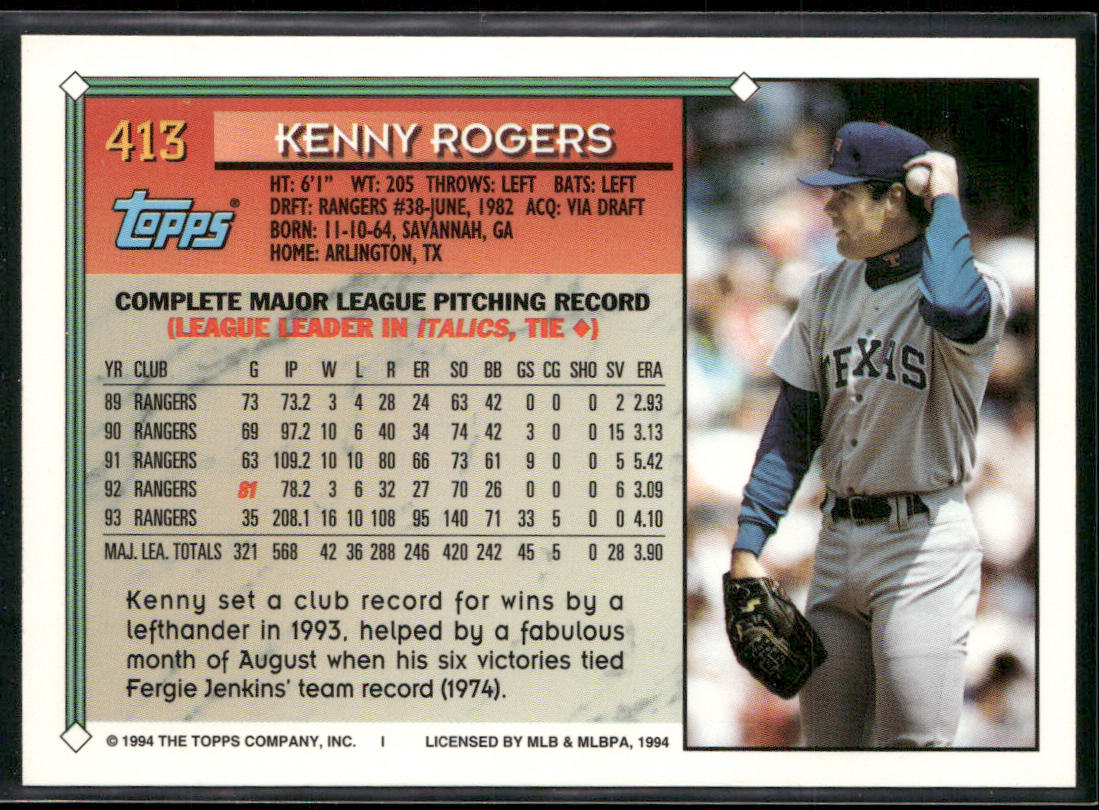 Kenny Rogers 1994 Topps #413 Texas Rangers