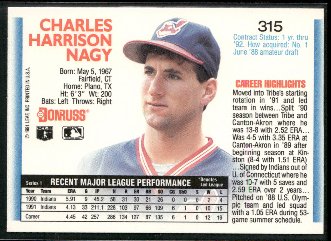 Charles Nagy 1992 Donruss #315b Cleveland Indians