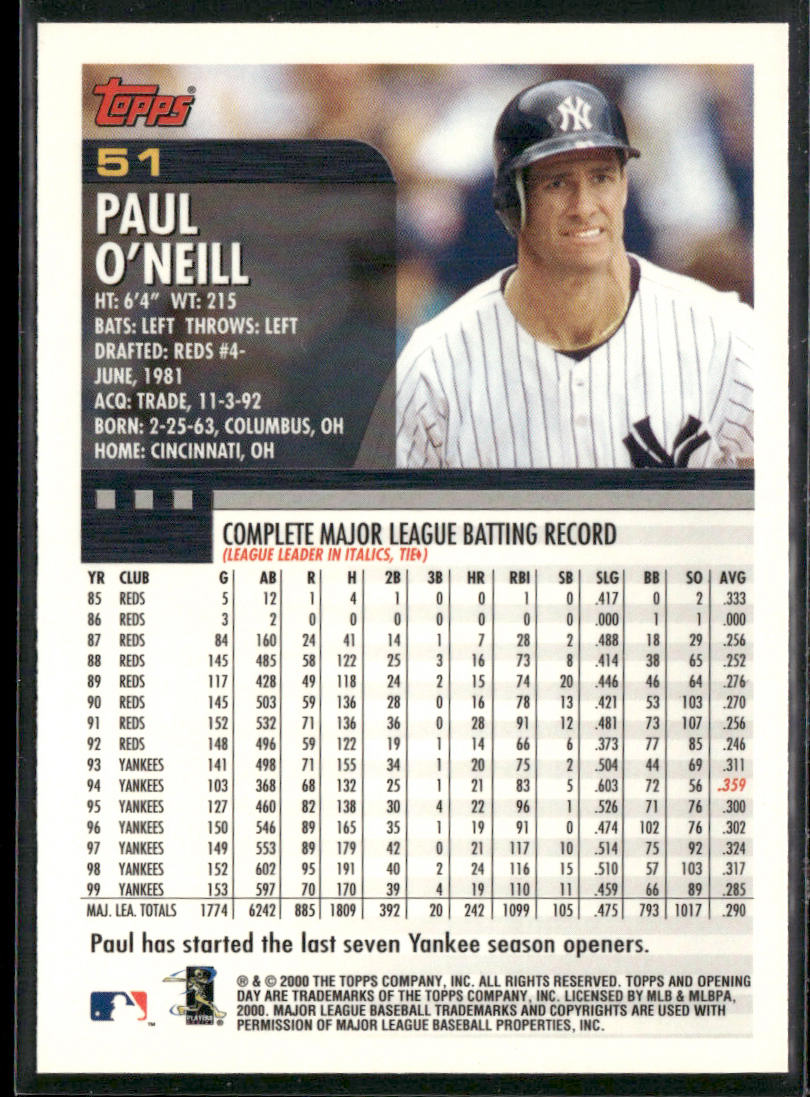 Paul O'Neill 2000 Topps Opening Day #51 New York Yankees