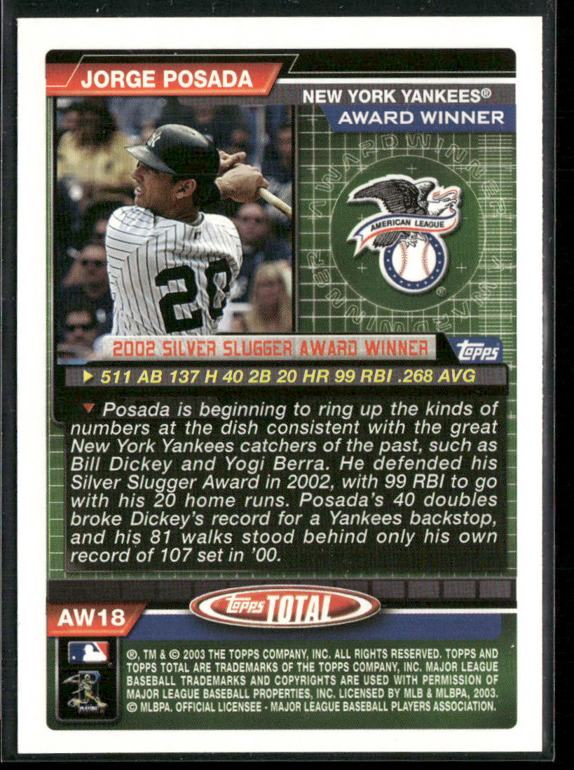 Jorge Posada 2003 Topps Total Award Winners #AW18 New York Yankees