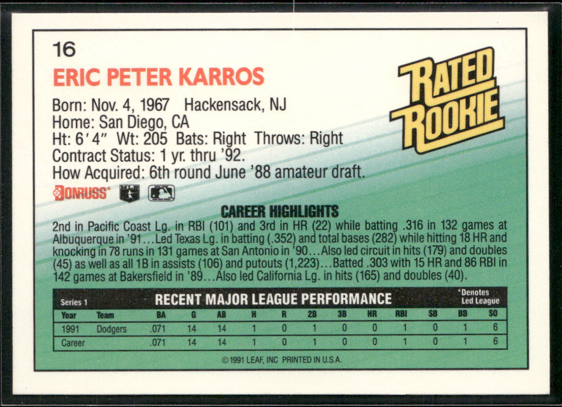 Eric Karros 1992 Donruss #16 Los Angeles Dodgers back