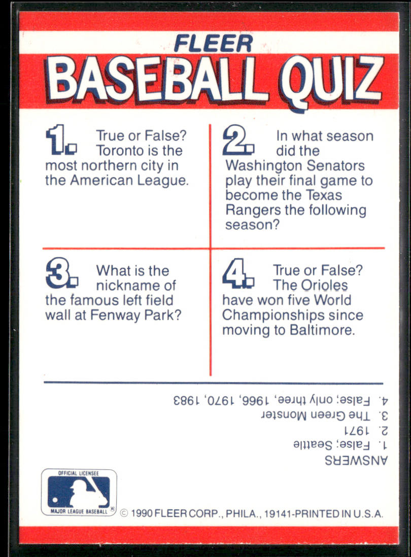 AL: Rangers / Blue Jays / Orioles / Red Sox 1990 Fleer Action Team Stickers #