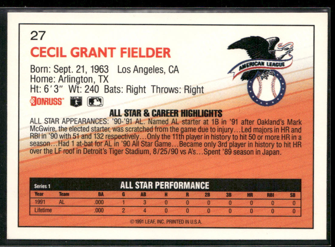 Cecil Fielder 1992 Donruss #27b Detroit Tigers back