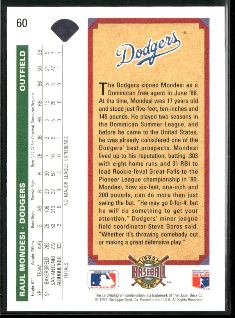 Raul Mondesi 1992 Upper Deck #60 Los Angeles Dodgers