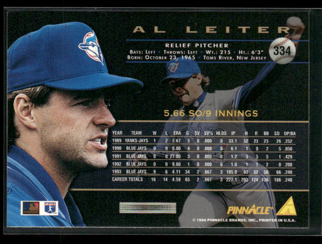 Al Leiter 1994 Pinnacle #334 Toronto Blue Jays