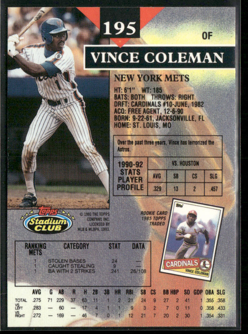 Vince Coleman 1993 Stadium Club #195 New York Mets