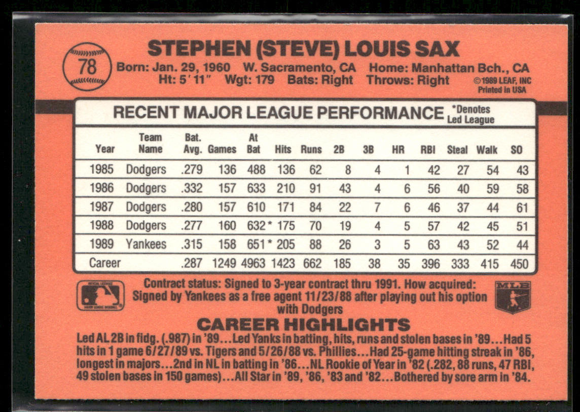 Steve Sax 1990 Donruss #78b New York Yankees
