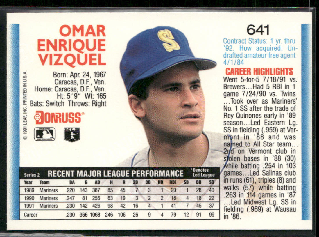 Omar Vizquel 1992 Donruss #641 Seattle Mariners