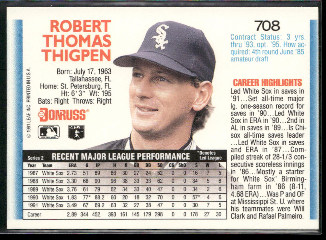 Bobby Thigpen 1992 Donruss #708b Chicago White Sox