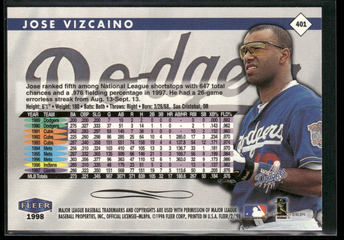 Jose Vizcaino 1998 Fleer Tradition #401 Los Angeles Dodgers