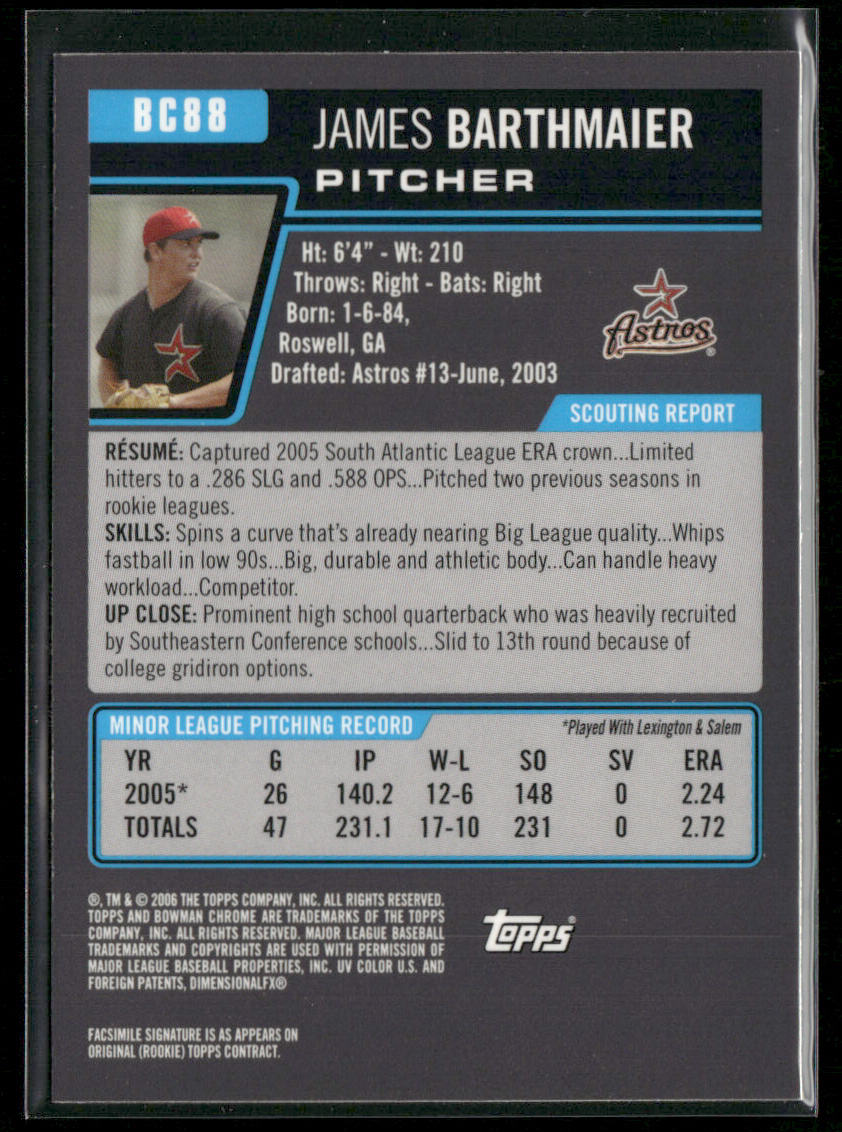James Barthmaier 2006 Bowman Chrome Prospects #BC88 Houston Astros